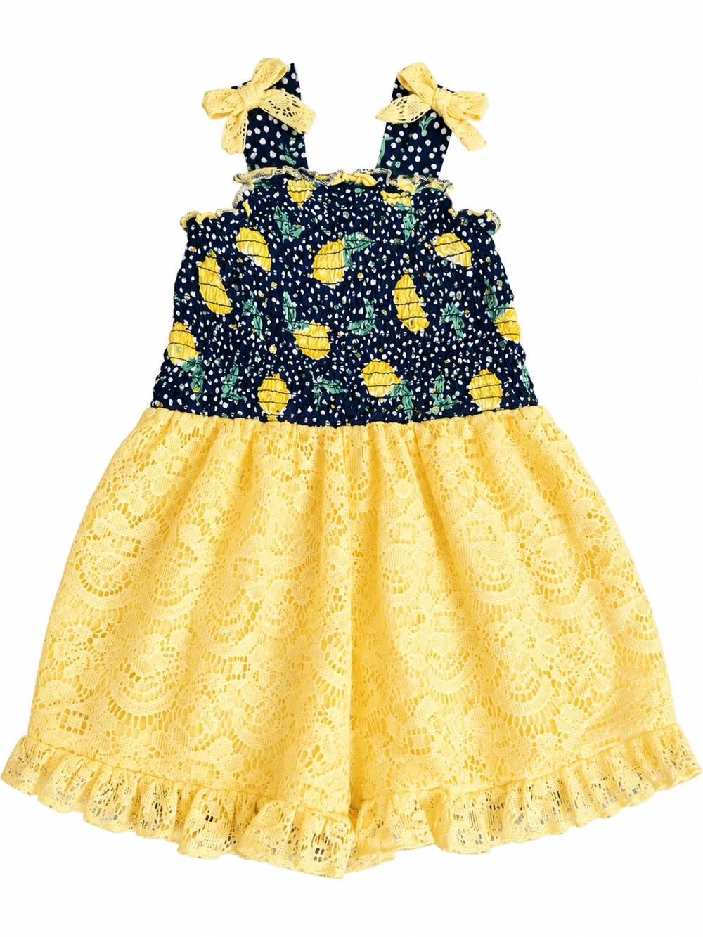 Little Lass Navy Romper with Yellow Lemon Accents